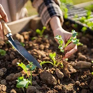 Mains plantant des jeunes pousses dans le sol avec un petit transplantoir à Villedieu-sur-Indre près de Châteauroux en Indre 36